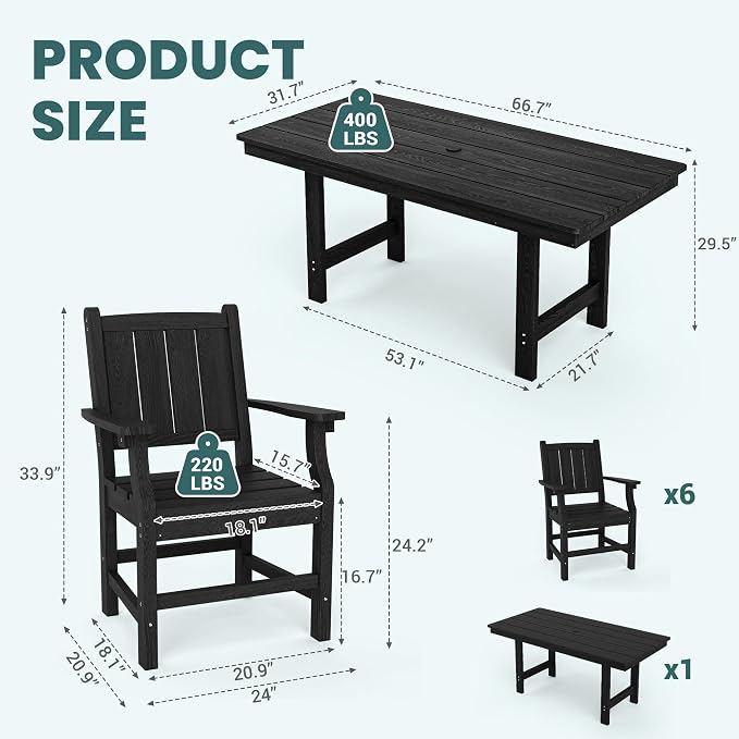 Pamapic 7 PCS Outdoor Dining Set, Spacious HDPE Outdoor Table and Chairs - Image 4