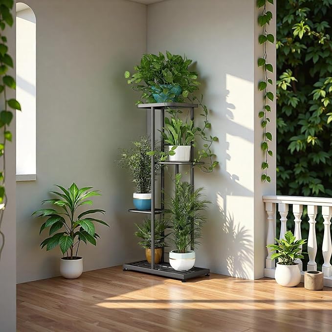 LINZINAR Plant Stand Indoor Outdoor Corner 4 Tier Metal Plant Shelf Patio Plant - Image 4