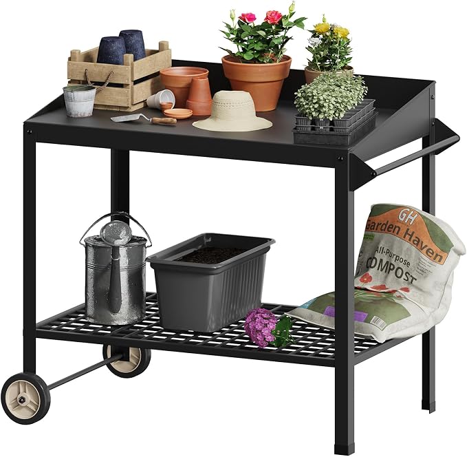 Metal Potting Bench with Wheels Planting Table by FOYUEE