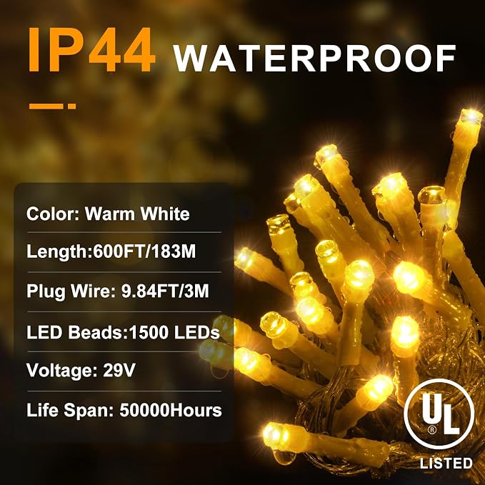KNONEW 600ft 1500 LED Christmas String Lights Outdoor 8 Lighting Modes & Timer - Image 5