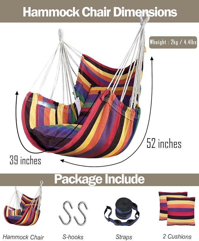 Halalona Hammock Chair Hanging Hammock Chair Rope Swing 2 Cushions - Image 6