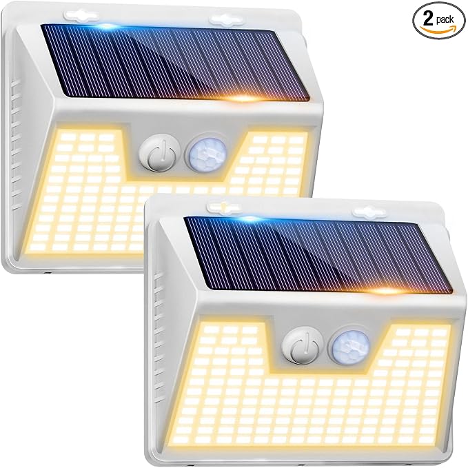 Peasur White Frame Solar Motion Sensor Lights Outdoor, 2 Packs 180LED Warm by Peasur