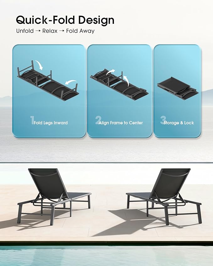 Ciokea Foldable Outdoor Lounge Chair Set of 2, No Assembly Aluminum Chaise - Image 3