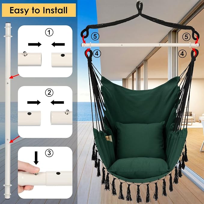 Y- STOP Hammock Chair Hanging Rope Swing, Max 500 Lbs, 2 Cushions Included - Image 8