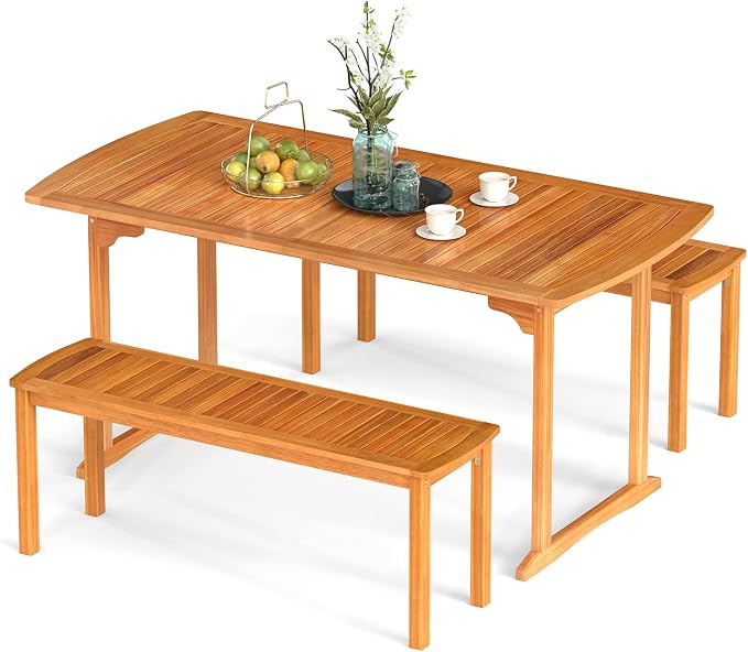 Tangkula 3 Piece Acacia Wood Patio Dining Table Set, Farmhouse Indoor Outdoor by TANGKULA