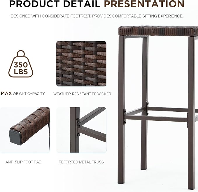 HOMREST Outdoor Tiki Bar Set, 3 Pieces Wicker Patio Bar Set w/2 Height Stools - Image 4