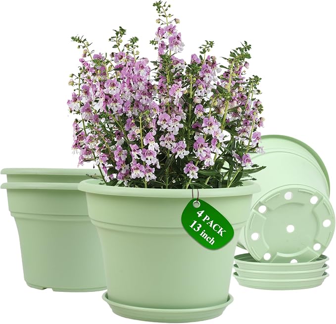 13 Inch Plastic-Flower-Pot-for-Indoor-Plants, 4 Pack Large Outdoor Planter Pot by Pottiffe