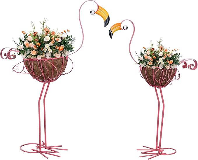 hogardeck Garden Decor for Outside, Metal Standing Flamingo Plant Pots Yard Art by HOGARDECK