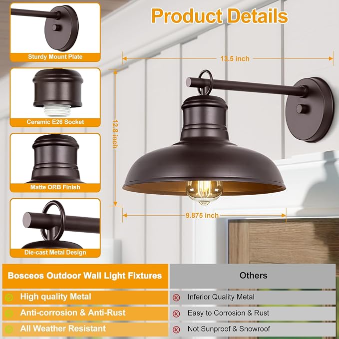 Bosceos 2-Pack Brown Wall Sconces, Farmhouse Exterior Barn Light Fixtures - Image 3