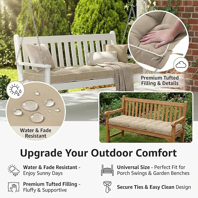 3 Seat 57 Inches Outdoor Porch Swing Cushions, Water-Resistant Tufted Patio - Image 5