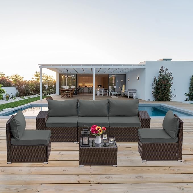 Kullavik Outdoor Patio Furniture Set 6 Pieces Sectional Rattan Sofa Set Brown - Image 7