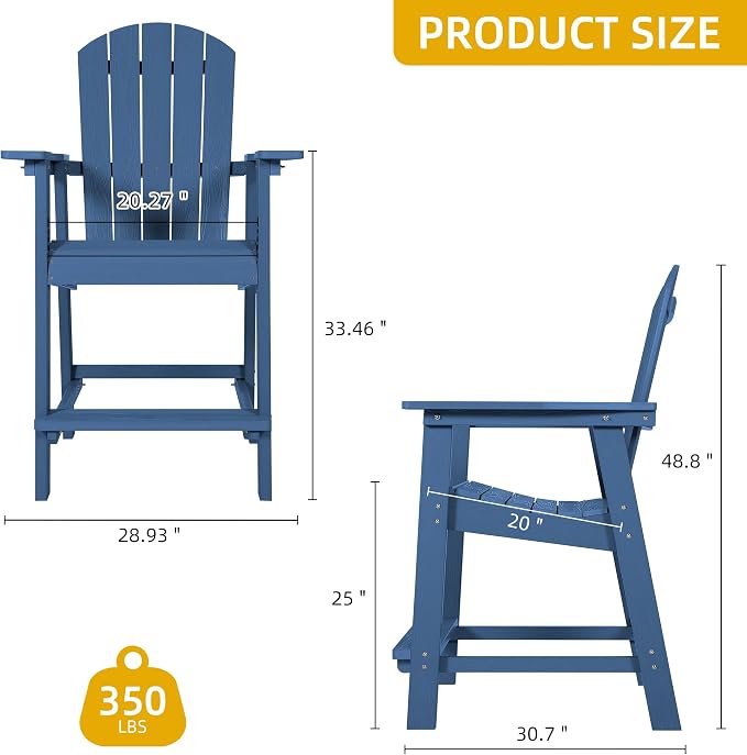DWVO 25" Tall Adirondack Chair Set of 2, Poly Bar Height Balcony Chairs - Image 3