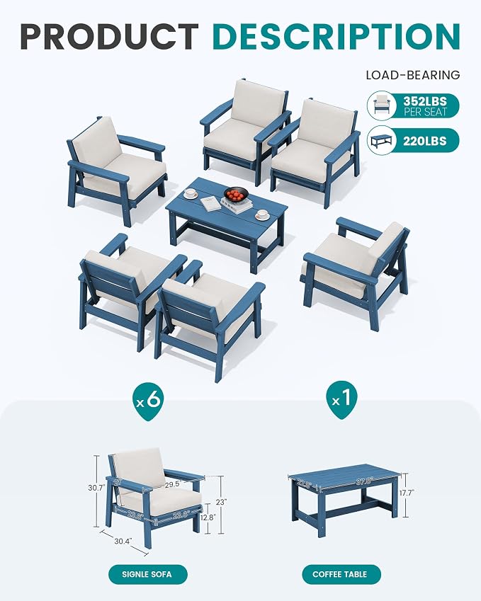 SERWALL HDPE Outdoor Furniture Set, 7 Piece All Weather Wood-Like Outdoor Sofa - Image 2