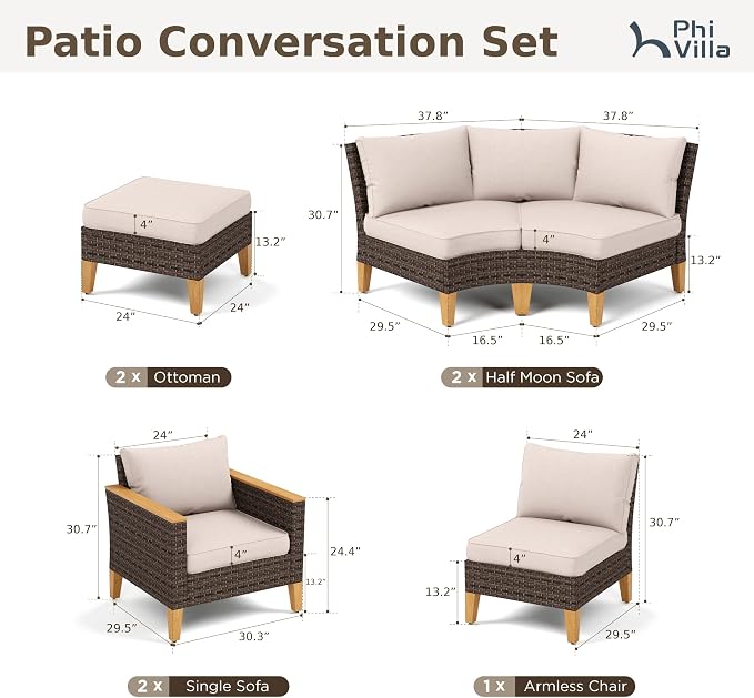 PHI VILLA 7-Piece Wicker Patio Furniture Set, Outdoor Half-Moon Curved - Image 2