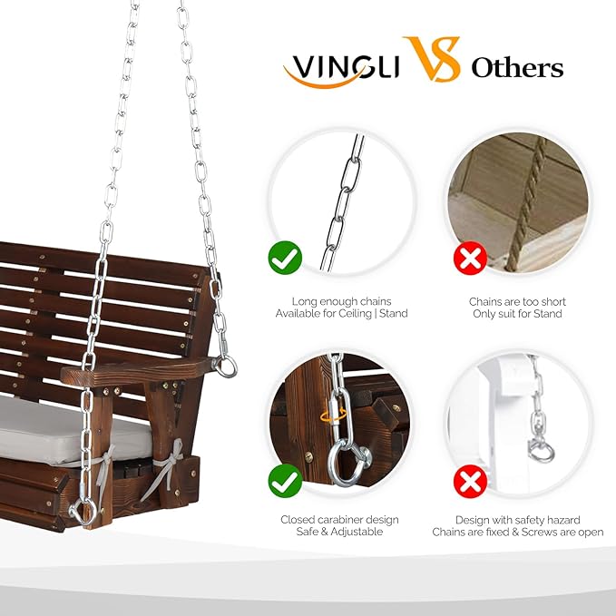 VINGLI Heavy Duty 880 LBS Patio Wooden Porch Swing Outdoor - Image 4