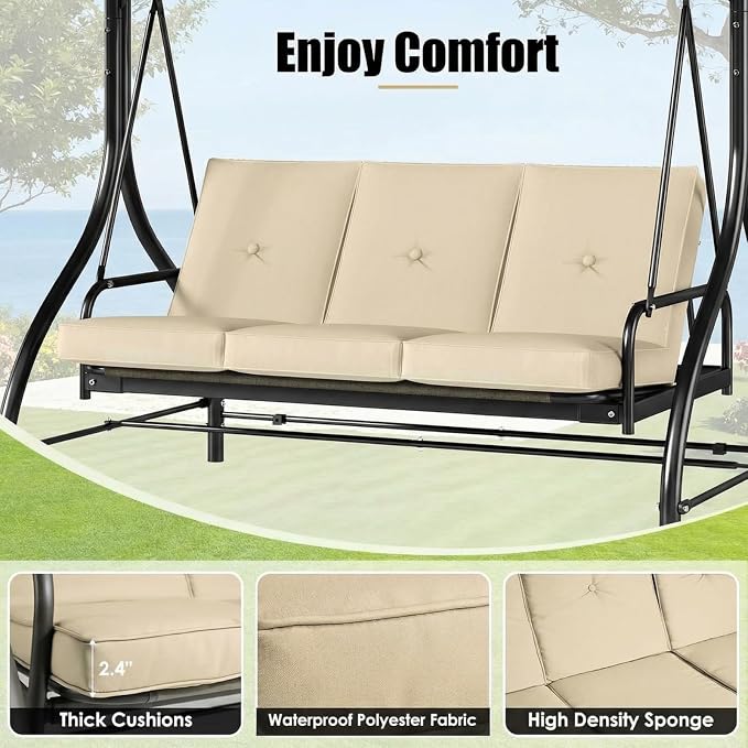 MAMIZO 3-Seat Patio Swing with Adjustable Canopy & Backrest, Outdoor Porch - Image 6