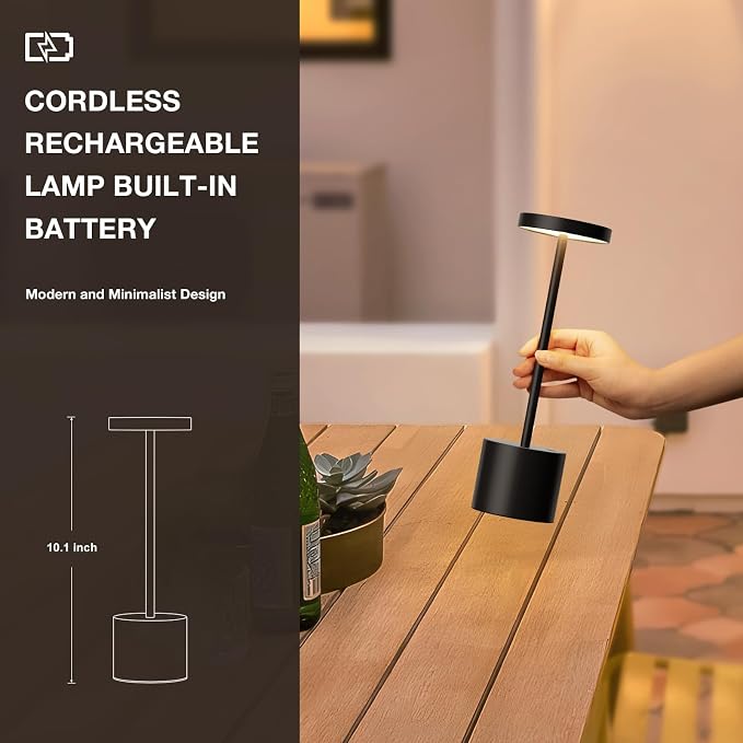 Black Cordless Table Lamp, 4000mAh Rechargeable Battery Powered Lamps, 3 Color - Image 4