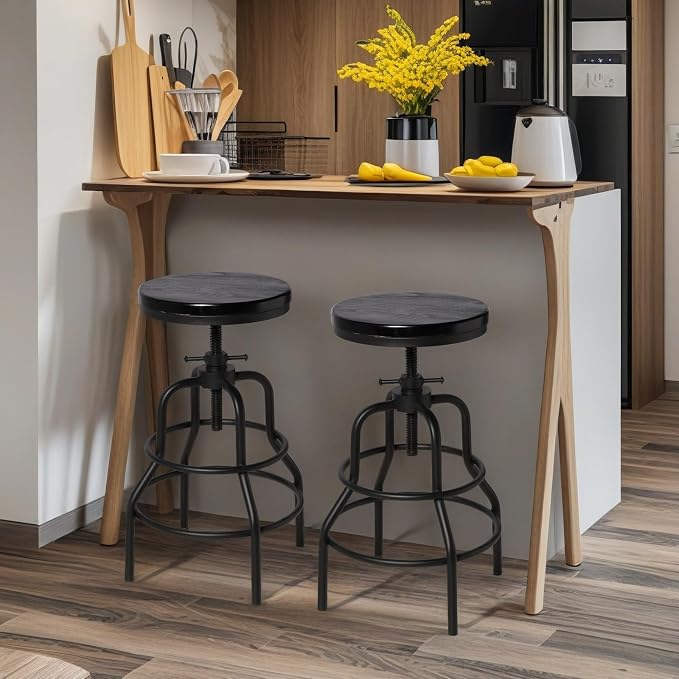 LOKKHAN Vintage Industrial Bar Stool-Rustic Swivel Bar Stool-Round Walnut Wood - Image 7