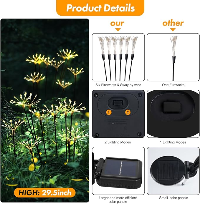 Kwaiffeo Solar Garden Lights Outdoor: Waterproof 2 Modes Twinkling Fireworks - Image 2