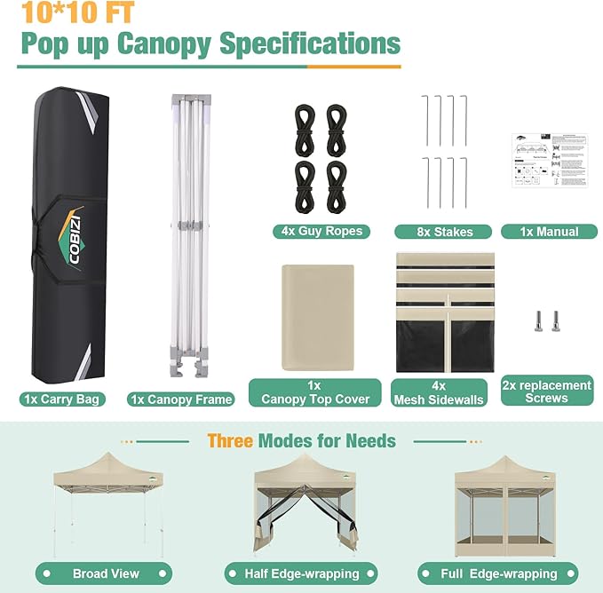 COBIZI 10x10 Canopy Tent, Heavy Duty Pop up Canopy - Image 6