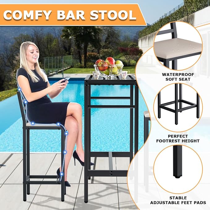 3 Piece Outdoor Patio Bar Set, 2 Cushioned 41" Bar Stools Modern Metal Outdoor - Image 3