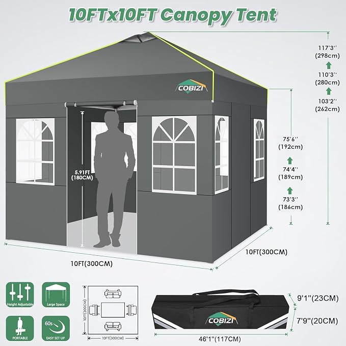 COBIZI 10x10 Pop Up Canopy Tent, Outdoor Party Tent - Image 2