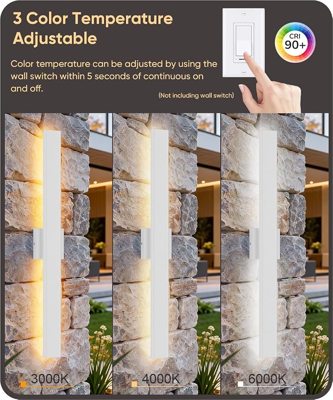 Aipsun 2 Packs Outdoor Wall Sconce, 3000K 4000K 6000K, 31.5in Modern White - Image 4