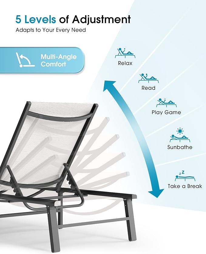 Ciokea Foldable Outdoor Lounge Chair Set of 2, No Assembly Aluminum Chaise - Image 7