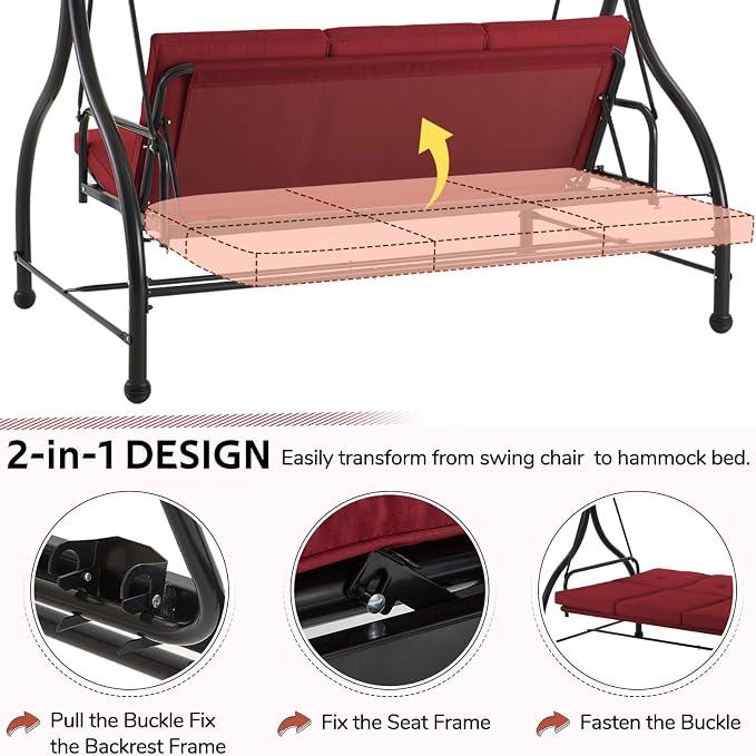 U-MAX Porch Swing Chair with Adjustable Backrest&Canopy, 3 Seat Patio Swing - Image 2