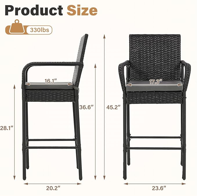ECOTOUGE Patio Wicker Barstools Set of 4, Rattan Outdoor Bar Height Chairs - Image 3