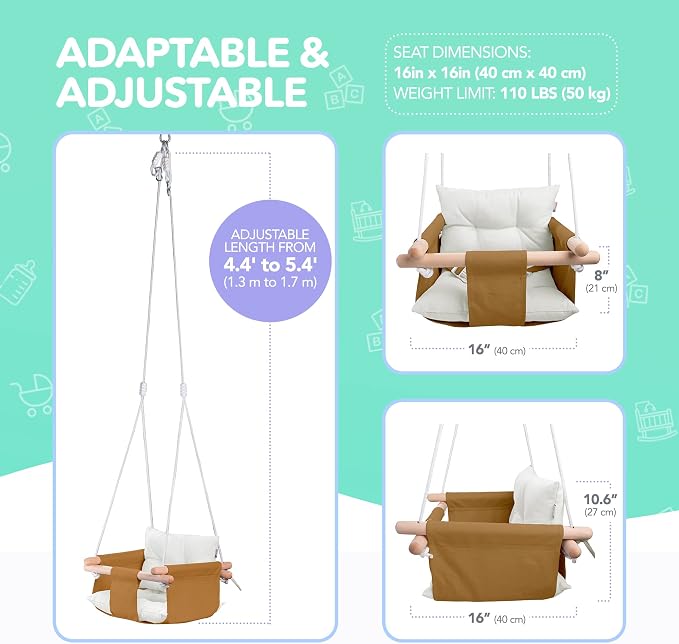 CaTeam - Canvas Baby Swing Chair, Wooden Hanging Seat - Image 5