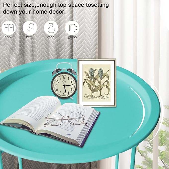 Garden 4 you End Table Metal Side Table Green Round Folding Tray Cyan Sofa - Image 4