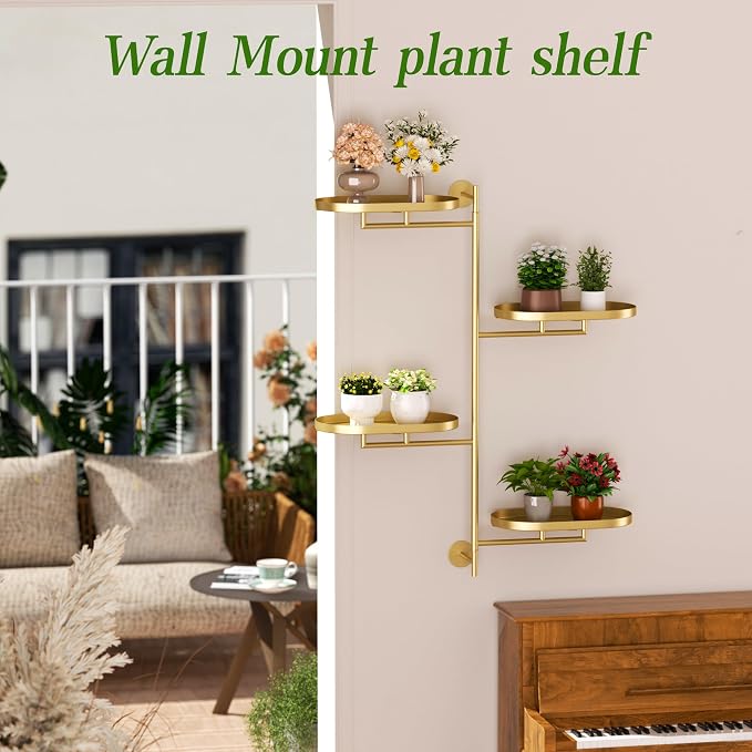 Window Rotating Plant Stand Shelf Indoor Gold Metal Floating Shelves 4-Tier - Image 7