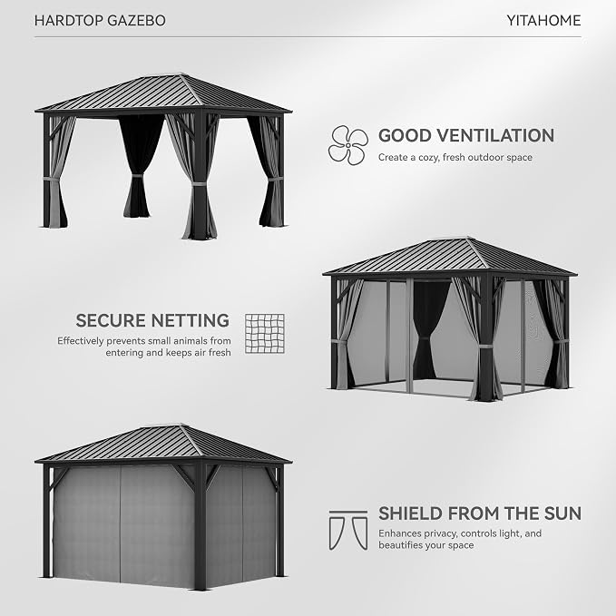 YITAHOME 10'X12' Single Hardtop Gazebo Metal Outdoor Patio Galvanized Iron - Image 4