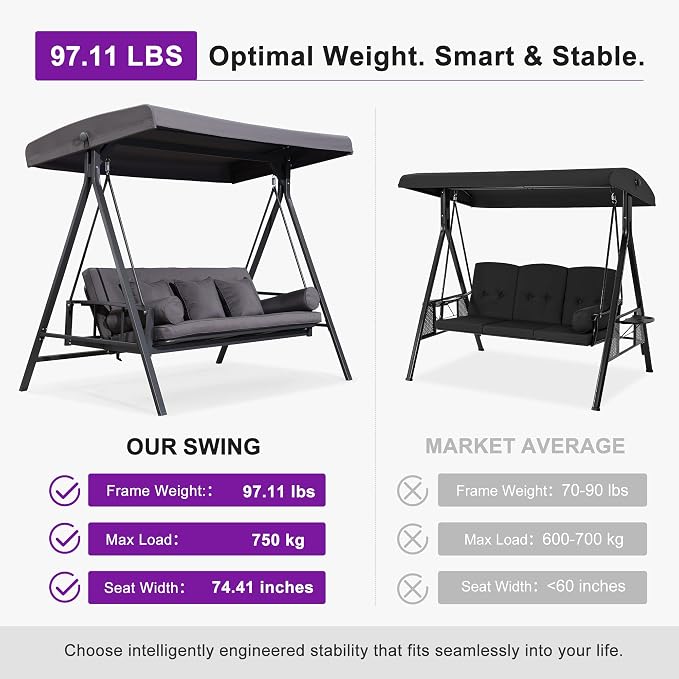 PURPLE LEAF Outdoor Patio Porch Swing Adjustable Backrest, 3-seat Swing Chair - Image 3