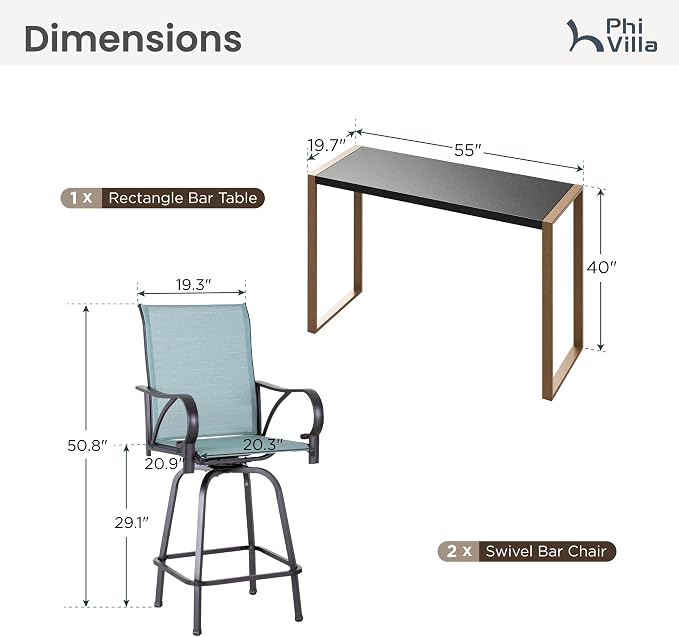 PHI VILLA 3 Piece Outdoor Bar Set, High Top Patio Bistro Table and Bar Chairs - Image 7