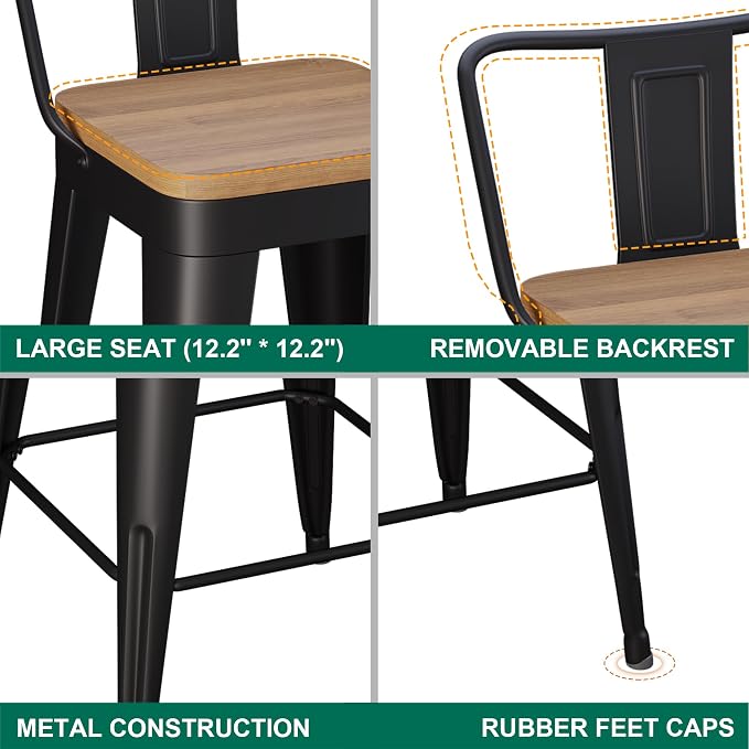 WENTMENT Bar Stools Set of 4 Counter Height Metal Barstools - Image 7
