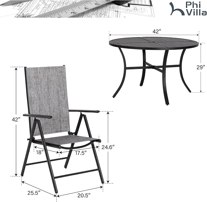 PHI VILLA 5 Piece Outdoor Patio Dining Set, 42 Inch Round Patio Table Set - Image 7