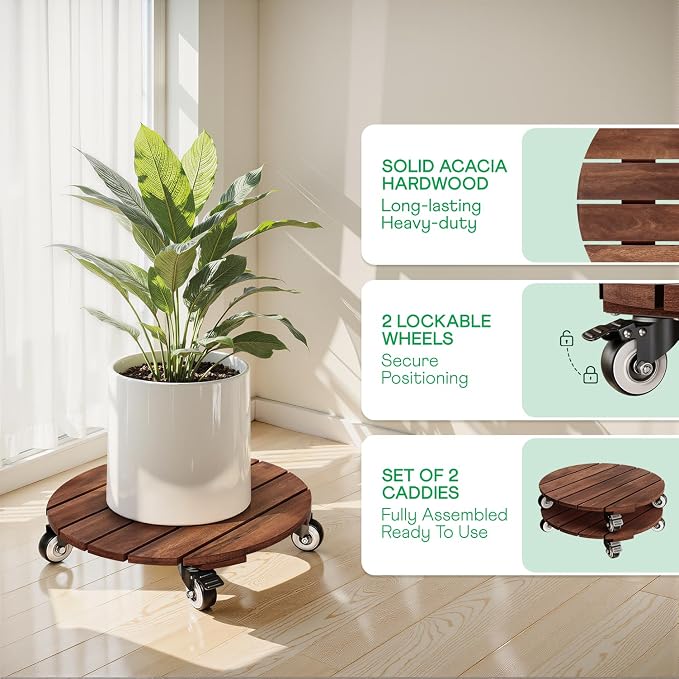 2pack Wood Plant Caddy With Wheels Heavy Duty Red Brown, 264 Lbs Capacity - Image 2