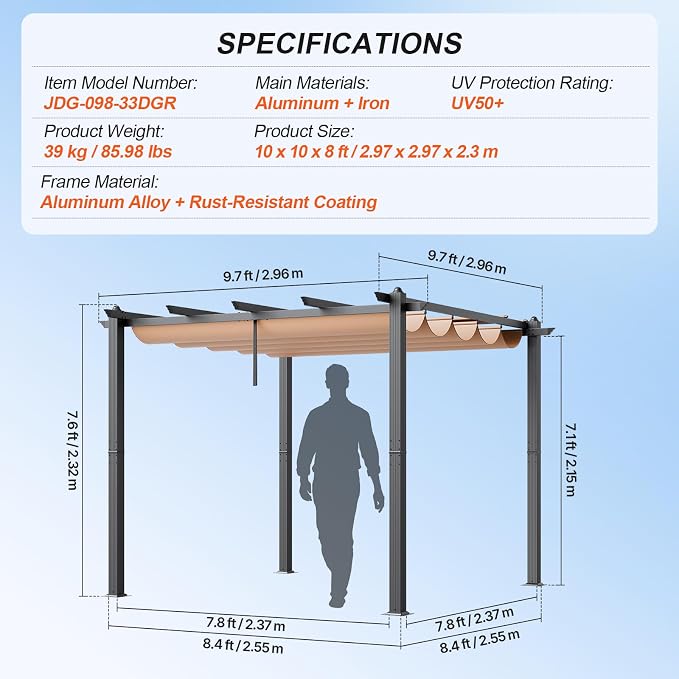 VEVOR 10'x10' Outdoor Retractable Pergola - Image 7