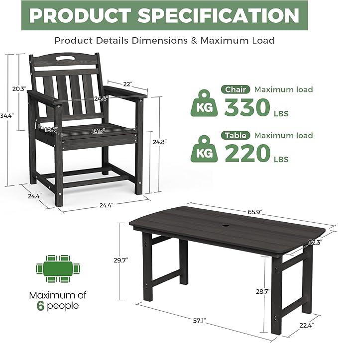 HDPE Outdoor Dining Set, Patio Table and Chairs Set, All-Weather 7-Piece - Image 2