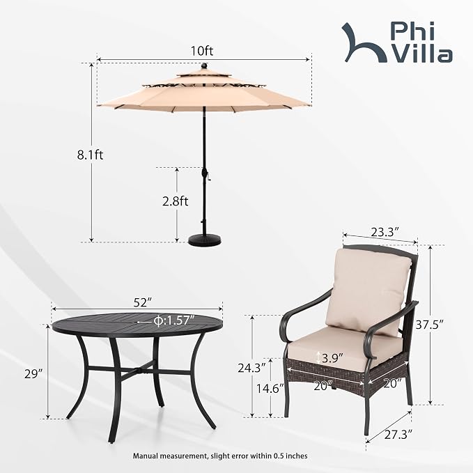 PHI VILLA 6 PCS Outdoor Dining Sets, All-Weather Round Patio Table and Chairs - Image 2