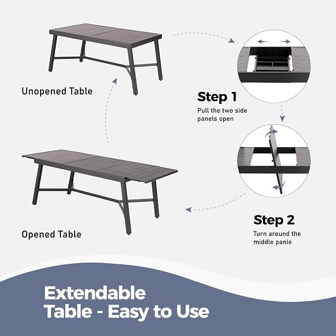 9 Piece Patio Dining Set for 8, Rectangular Extendable Dining Table, 8 Metal - Image 5