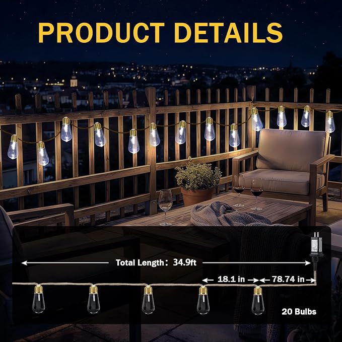 Outdoor String Lights, 24FT 20 LED Bulbs Shatterproof Patio String Lights - Image 6