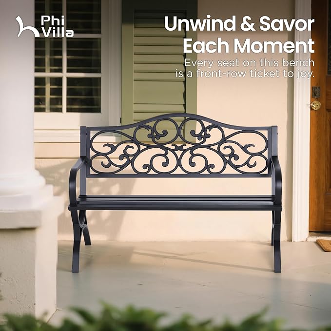 PHI VILLA 50-Inch Cast Iron Steel Frame Garden Bench Outdoor Patio Bench Chair - Image 8
