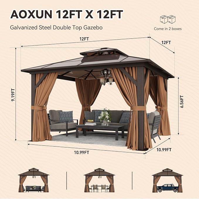 Aoxun 12'x12' Hardtop Gazebo, Outdoor Metal Gazebo - Image 3