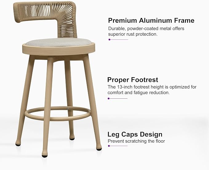 PURPLE LEAF Outdoor Swivel Counter Height Stools Set of 4 Metal Modern Rattan - Image 6
