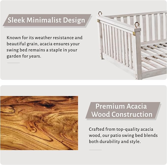 LUMISOL Twin Size Patio Swing Bed, Wooden Porch Swing Frame - Image 6