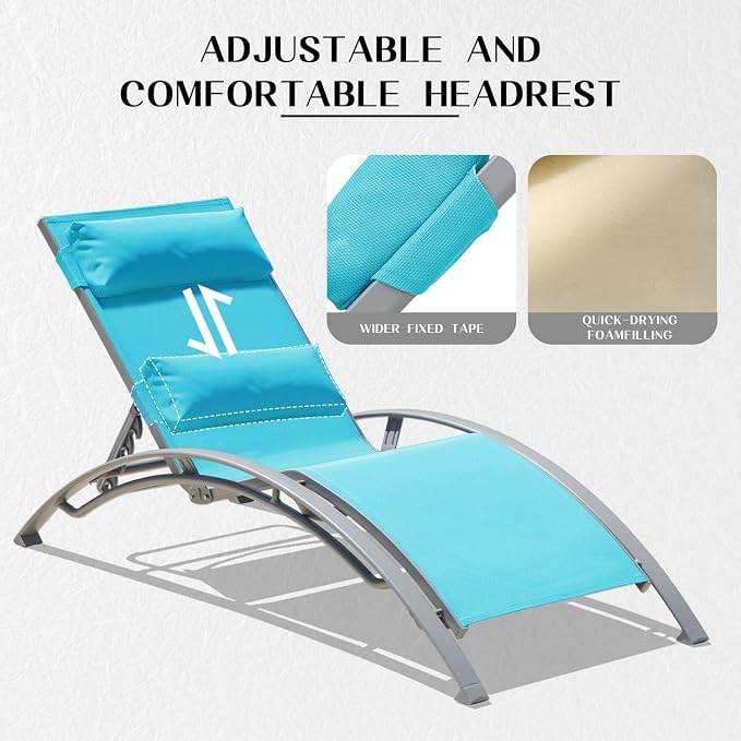 Domi Pool Lounge Chairs Set of 3, Adjustable Aluminum Outdoor Chaise Lounge - Image 5