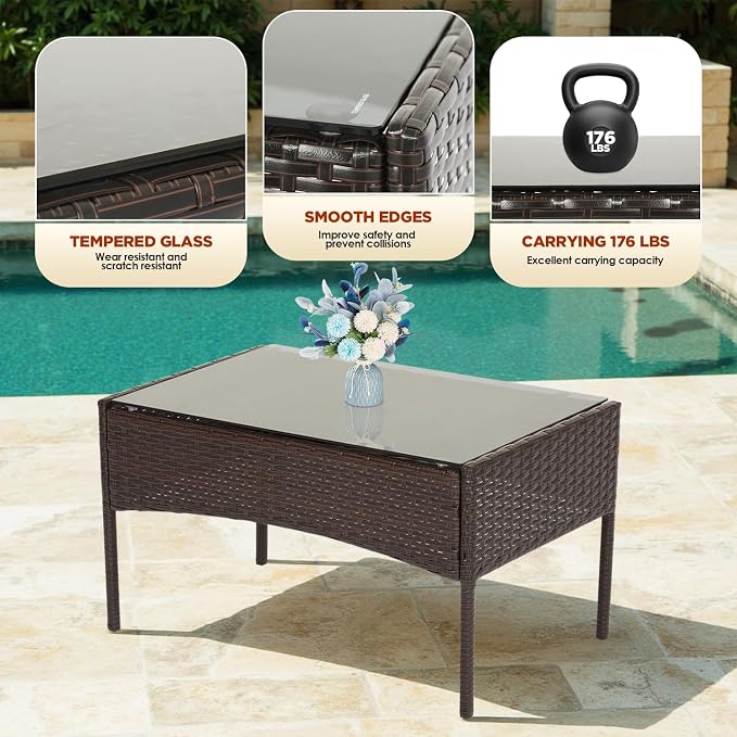FDW | 4-Piece Patio Furniture Set | Brown & Blue | Outdoor Wicker Furniture - Image 5
